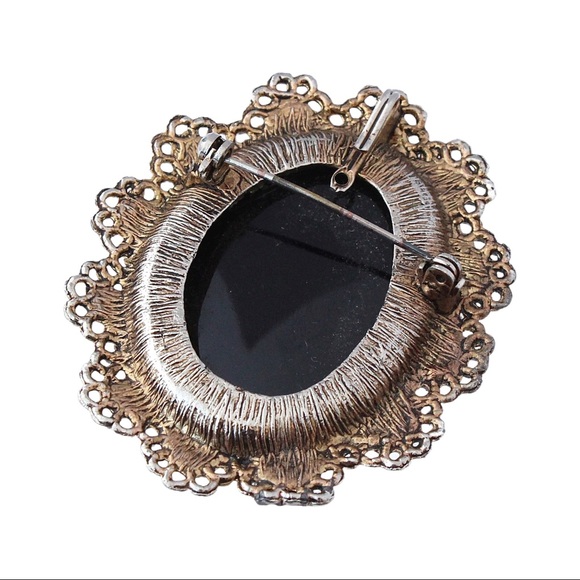Vintage Hematite Glass Cameo Brooch / Pendant Left Facing Woman Bronze Tone - Picture 3 of 4